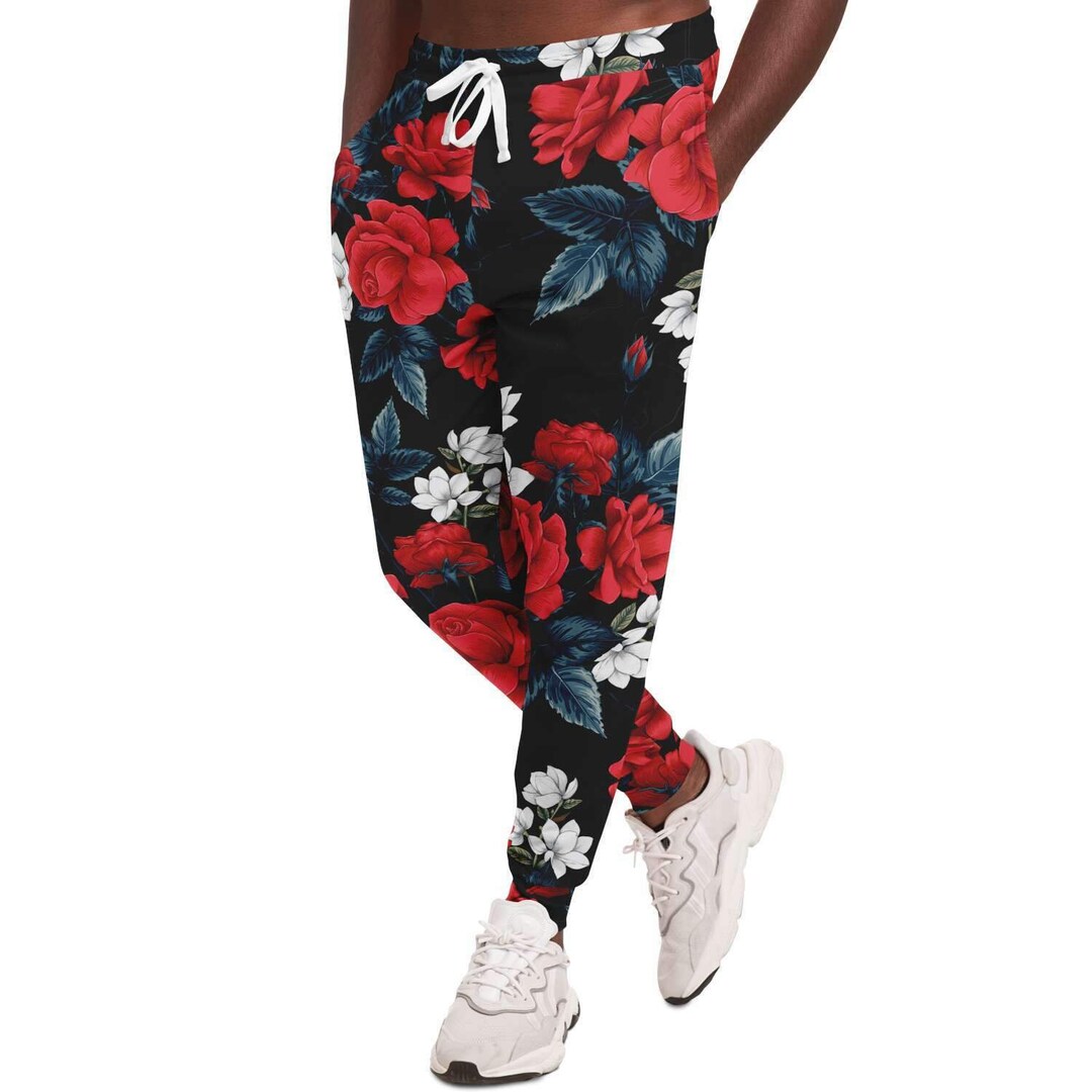 Roses Flowers Pattern Joggers, Roses Zip Joggers, Flowers Zip Joggers