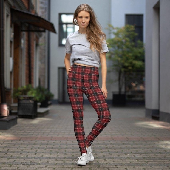 Red Plaid Pattern Women's High Waist Pocketed Leggings, Checkered