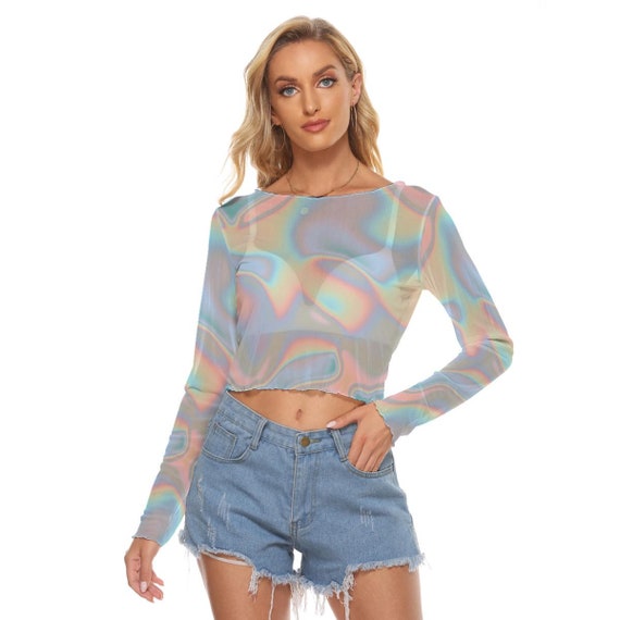 Ombre Iridescence Holographic Long Sleeves Mesh Top, Blue Pink Women's Mesh  Long Sleeves T-shirt -  Australia