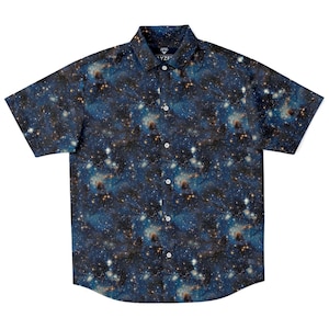 Blue Black Starry Galaxy Space Print Men's Button Down Short Sleeve Shirt