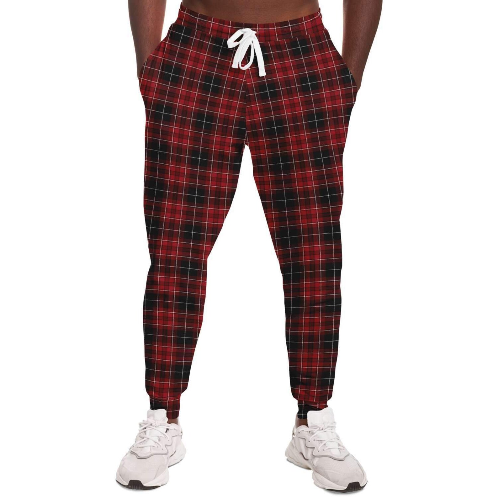 red and black plaid joggers