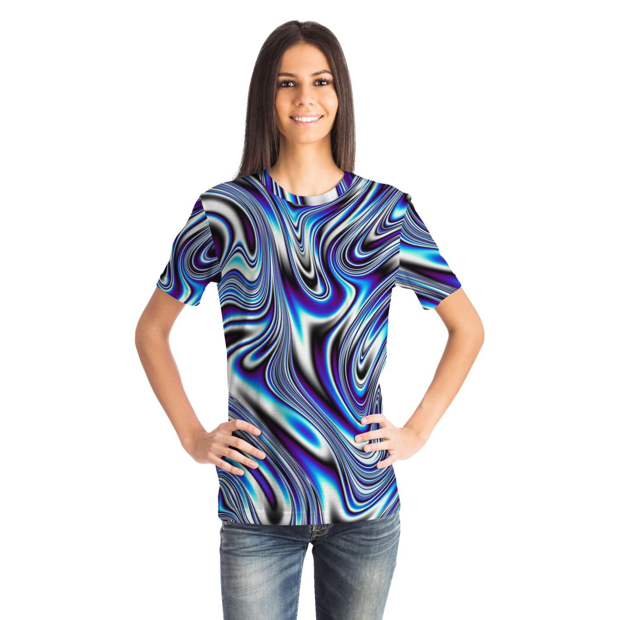 Blue Liquid Waves Swirls Psychedelic Illusion Paint Effect 3D T Shirt
