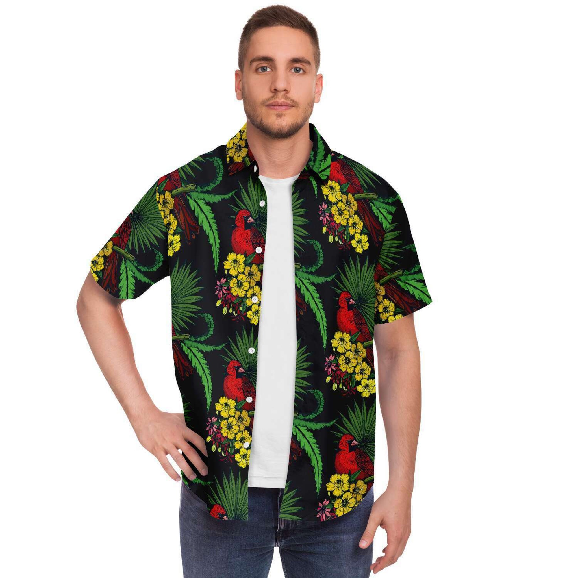 Tropical Macaw Yellow Flowers Hawaiian Button Down Men's Shirt
