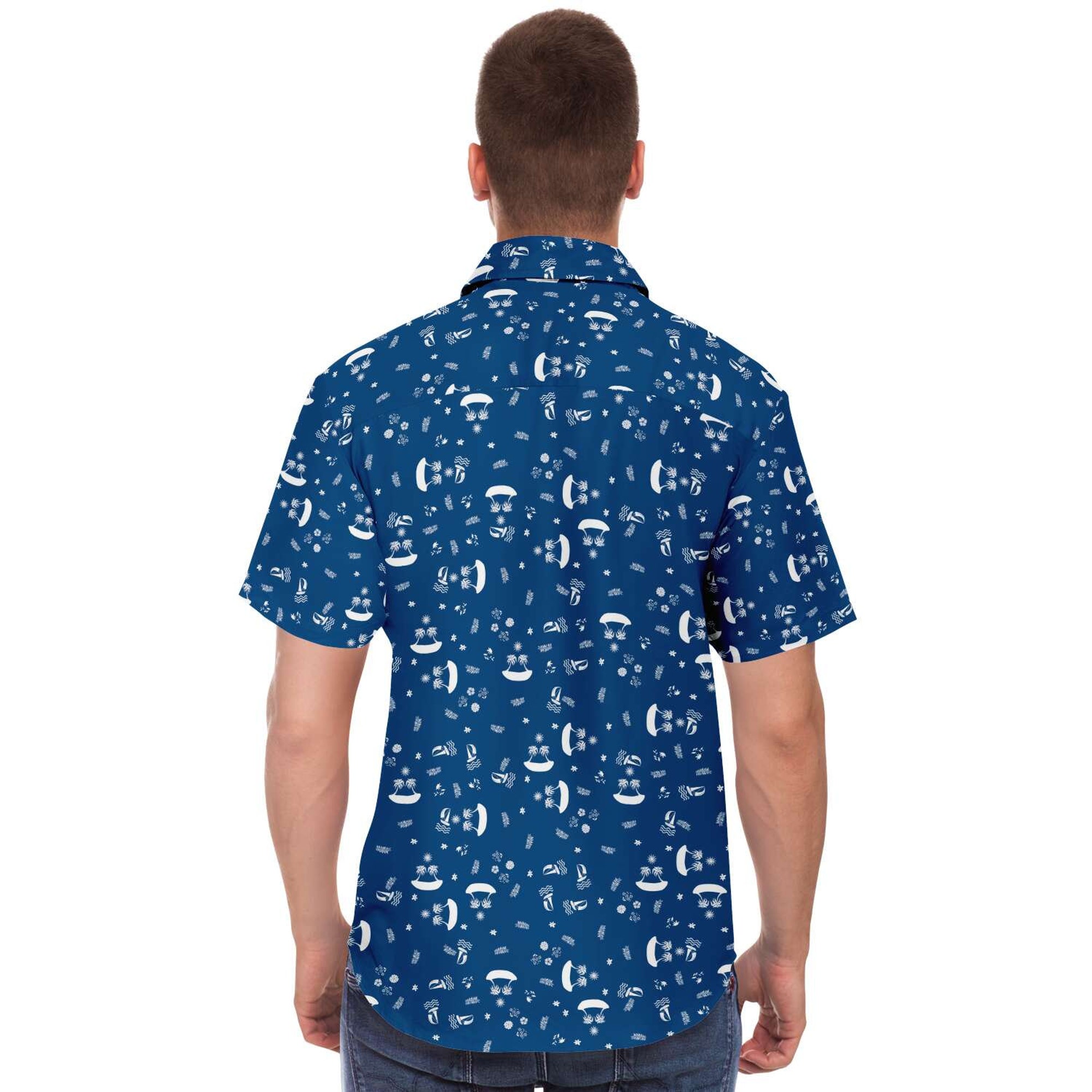 Classic Blue Beach Silhouette Sailboat Floral Island Palm Trees Hawaiian Shirt
