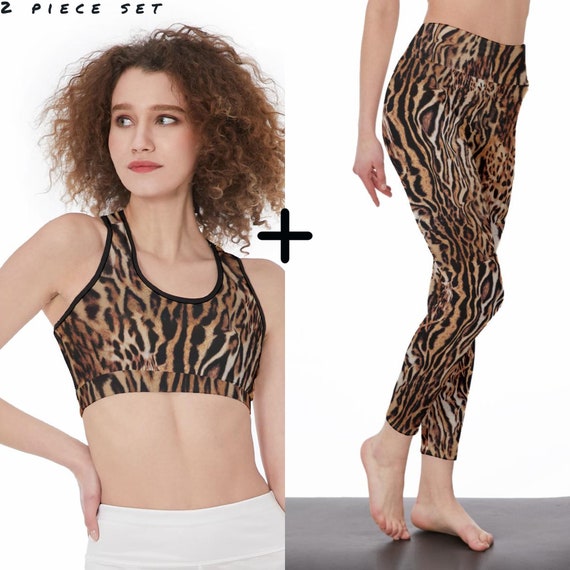 Leopard Print Sports Bra and Workout Leggings Matching Set, Tiger