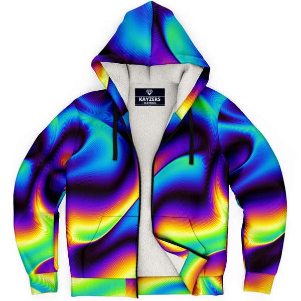 Blue Yellow Holographic Iridescence Abstract Edm Festival Microfleece Zip Up Hoodie