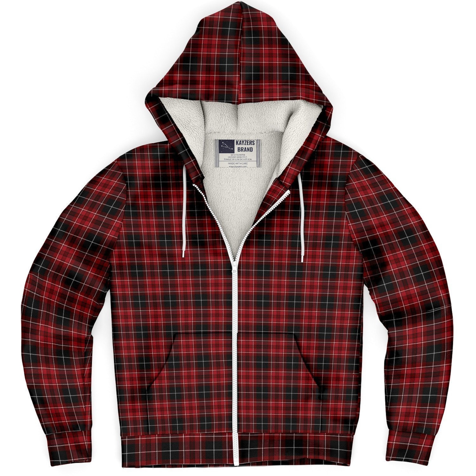 Red Plaid Microfleece Zip up Hoodie, Winter Hoodie, Fall Hoodie, Warm