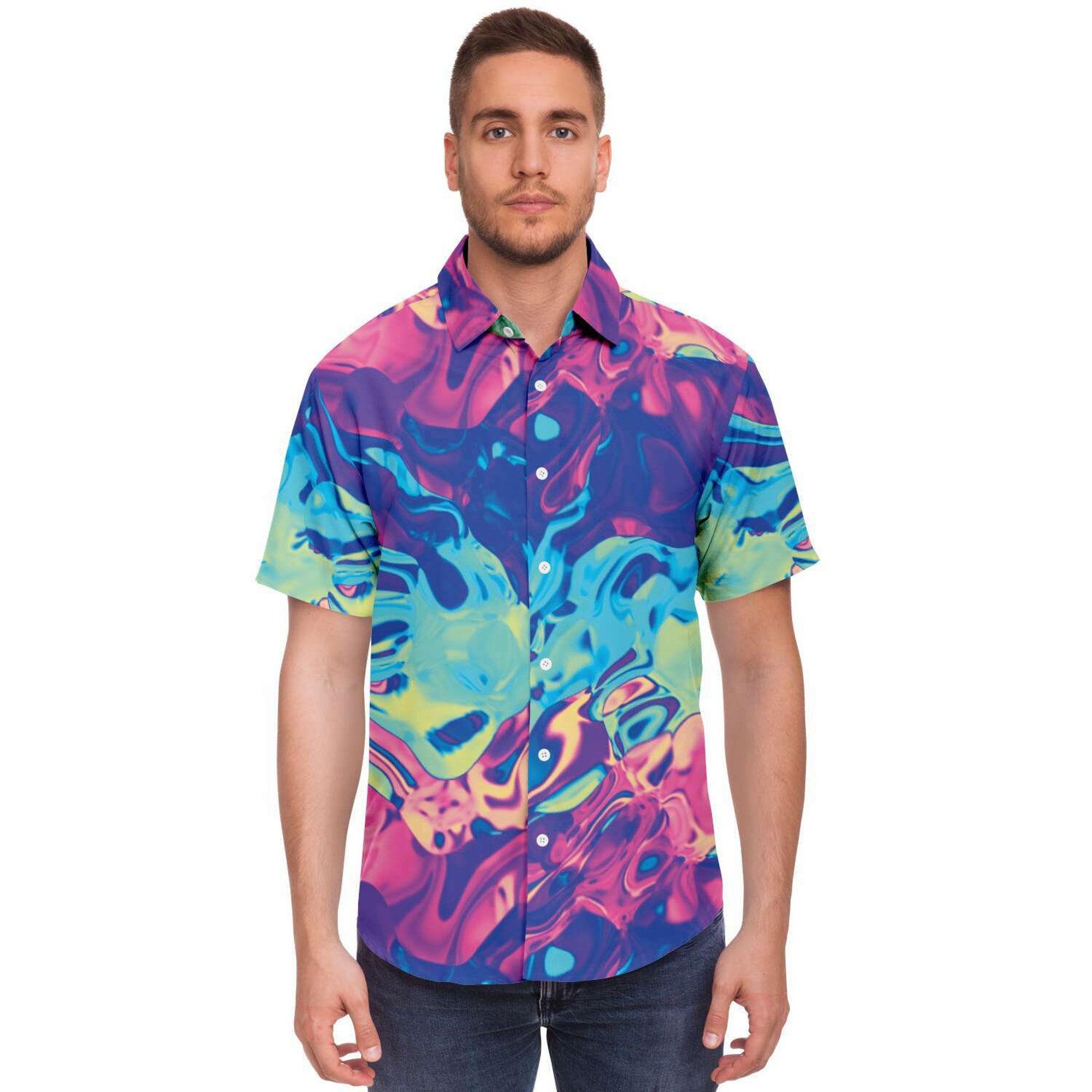 Discover Colorful Holographic Iridescent Buttoned Hawaiian Shirt