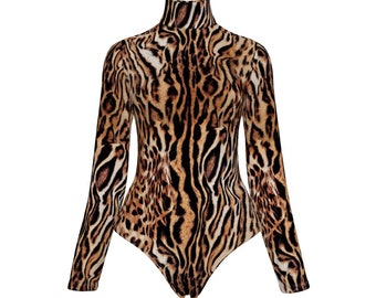 Leopard Tiger Animal Print Vrouwen Coltrui Lange Mouw Bodysuit