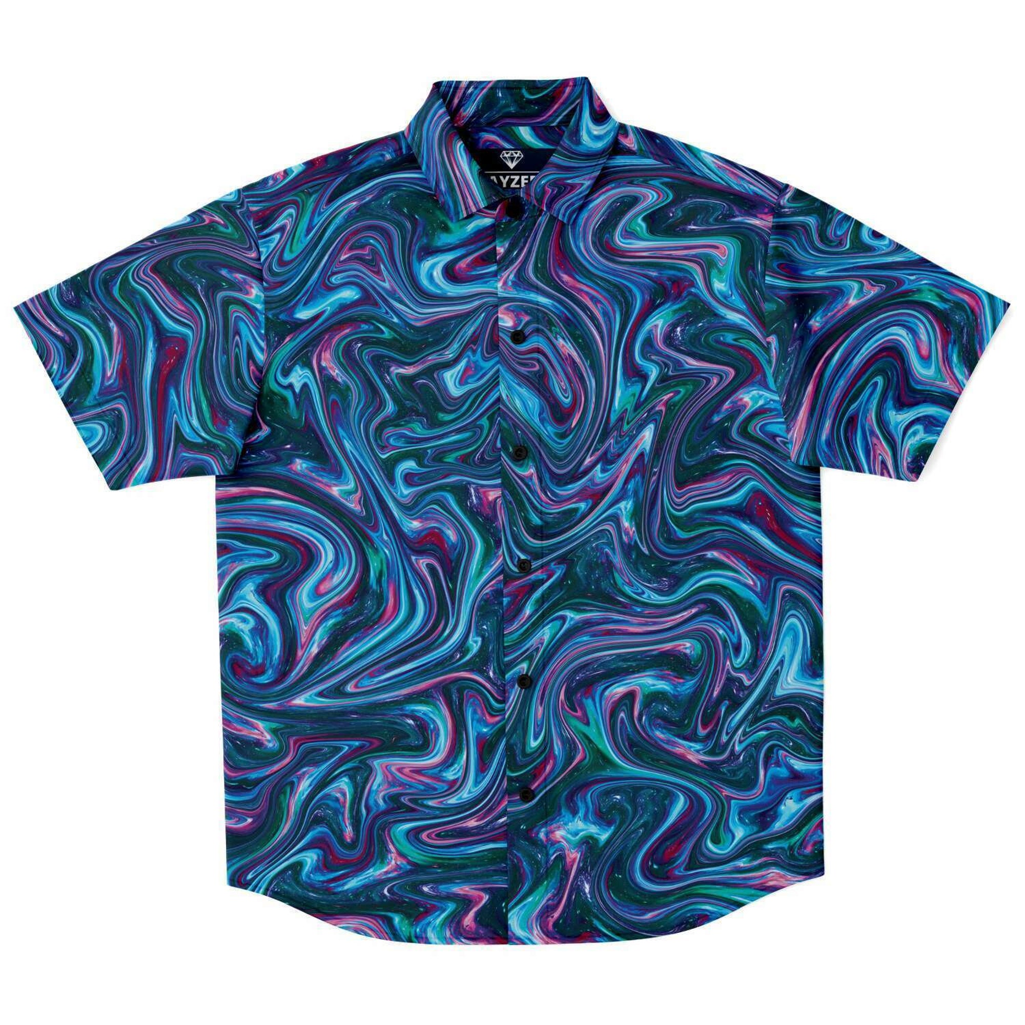 Blue Green Liquid Magma Plasma Psychedelic Swirls Trippy Print Men's Short Sleeve Button Down Shirt