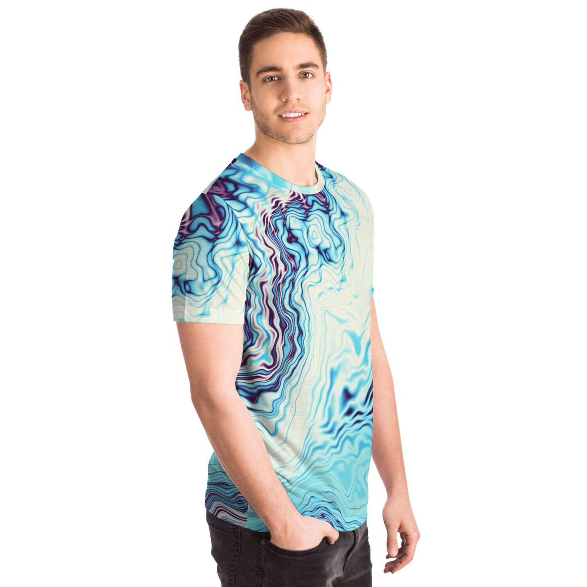 Abstract Blue Ocean Waves Marble Pattern Mosaic Beach Tropical 3D T Shirt