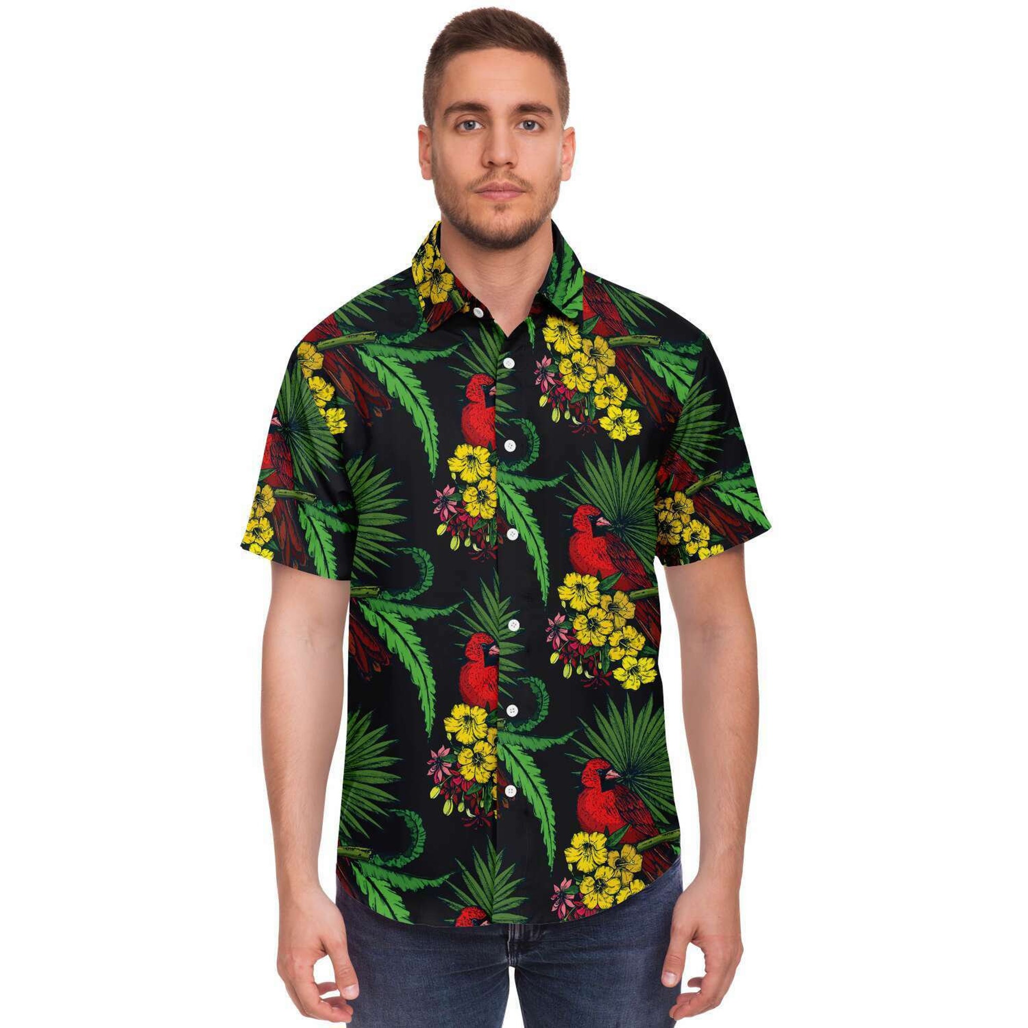 Tropical Macaw Yellow Flowers Hawaiian Button Down Men's Shirt