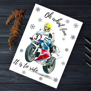 Joey Dunlop Christmas card, Motogp greetings card, Motorcycle gift, card for bikers, Biker gift,  Hand drawn, Christmas Gift for him