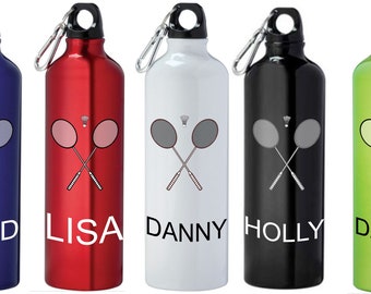 Personalised badminton Water Bottle, Textured Print, Various colours available, 750ml Aluminium Water Bottle