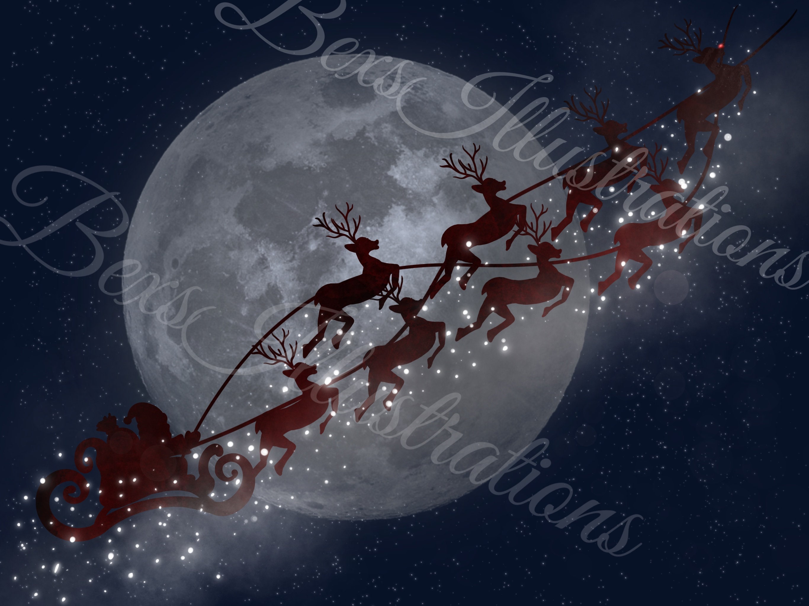 Santa Claus in sleigh over moon pulled by reindeer. Rudolph leading the way