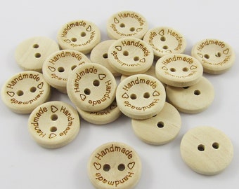 50pce Love Heart Handmade Wood Button Round 2-Hole 15mm, Hole: 2mm Sewing