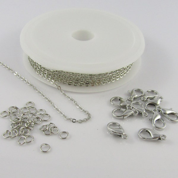 DIY 3mtr Cable Chain Jewellery Making Kit with Jumprings & Parrot Clasps SILVER
