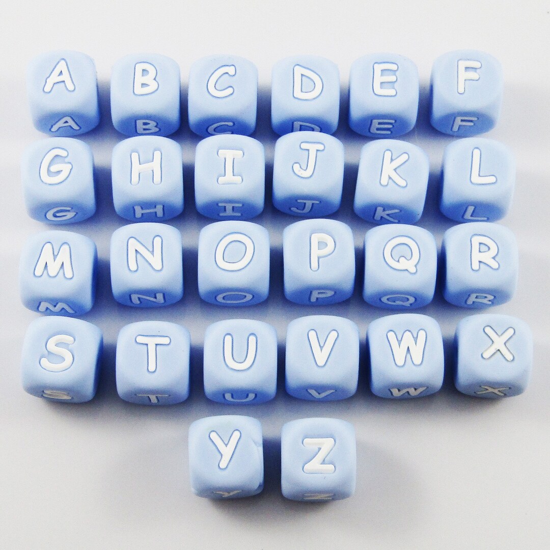 A-Z 26pc Set Blue Cube Letter Silicone Bead 12mm Hole 2mm Keychains ...