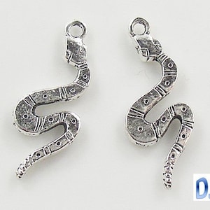 May include: Two silver snake charms with detailed scales and a textured finish. The charms have a loop at the top for attaching to jewellery.