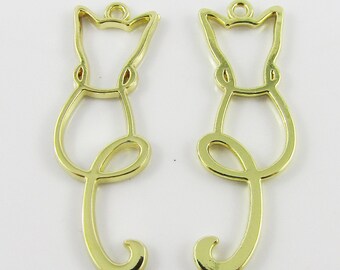 6pcs Cat Charm Pendant Gold Plate 39x14mm Open Bezel