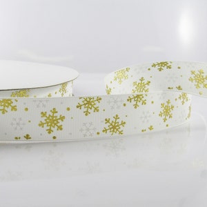 3metres Printed Metallic Gold Snowflake Christmas Grosgrain Ribbon 25mm