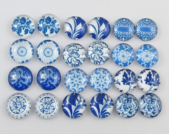 Glass Dome Blue & White Cabochon 12mm Select 10 or 20 pieces in random pairs