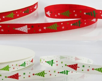 3metres Printed Christmas Trees Grosgrain Ribbon 9mm Red or White