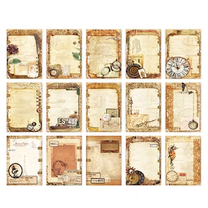 30 objets anciens, papiers de scrapbooking rétro, cartes, journal, éphémères, 140 x 100 mm