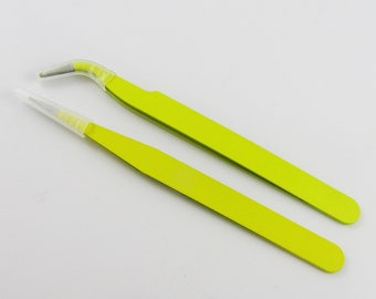 Craft & Jewellery Stainless Steel Flat and Bent Nose Beading Tweezers Set YELLOW