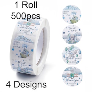 1 rouleau de 500 autocollants Baby Shower Merci bébé éléphant 4 motifs 25 mm