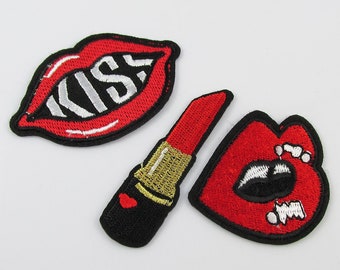 3pce Set Iron on / Sew On Embroidery Cloth Kiss Lipstick Lips Patches