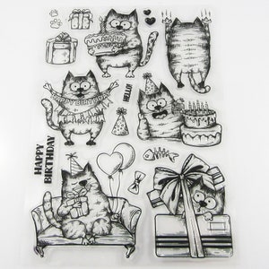 Feuille de tampons transparents Joyeux anniversaire Chats, Journal en silicone, Cartes de scrapbooking