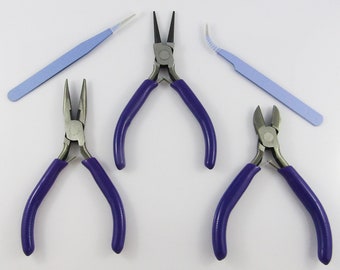 5pc Purple Jewellery Pliers and Tweezer set Round Nose Needle Nose Side Cutter