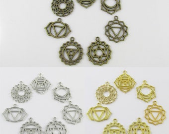 Set of 7 Chakra Charm Pendants Healing Select Bronze, Silver or Gold Plate