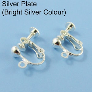 May include: Two silver-plated earring clips. The clips are designed to hold earrings in place without piercing the ear. The clips are made of metal and have a screw-on closure.