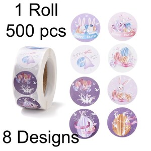 1 Rouleau 500pcs Pâques 8 Designs Étiquettes autocollantes en papier auto-adhésives 25mm