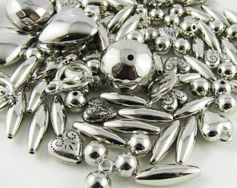 50gram Silver CCB Acrylic Beads Random Mixed Shape & Size for Jewellery Making!