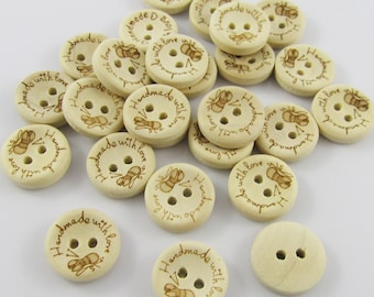 50pce Printed Knitting Hand Made with Love 2 Hole Wood Button Round 15mm Sewing