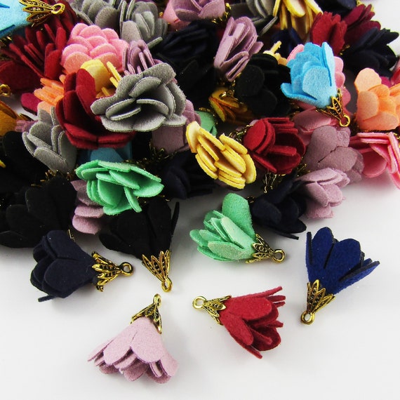 10pce (5 Pairs) Faux Suede Flower Tassel Decorative Gold Cap 24mm