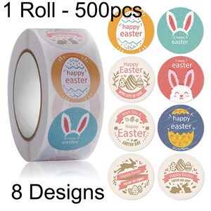 1 rouleau de 500 étiquettes autocollantes message Joyeuses Pâques oeuf de Pâques 8 motifs 25 mm