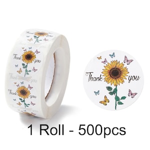 1 rouleau 500pcs tournesol merci étiquettes autocollantes en papier auto-adhésives 25mm