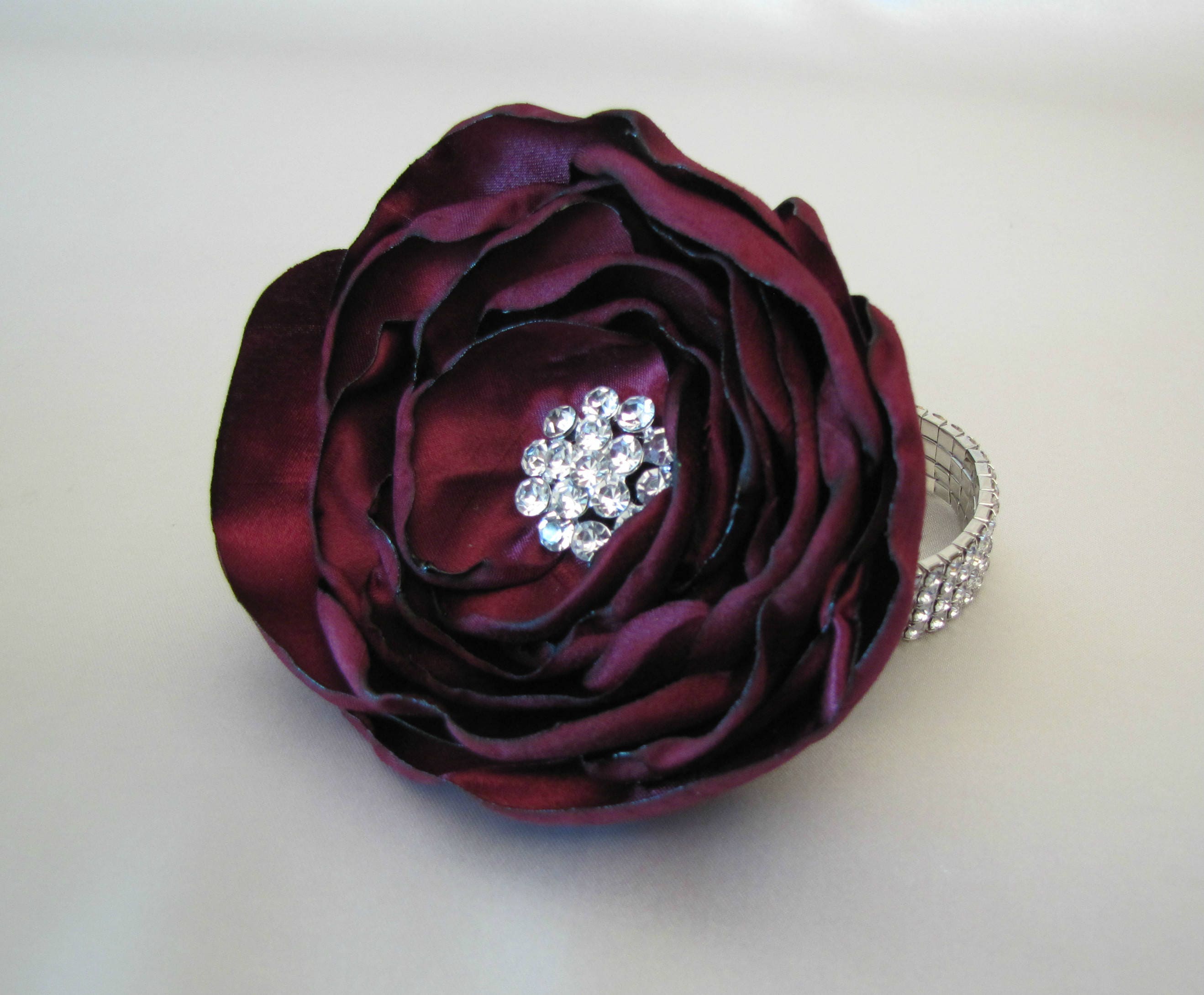 Plum Wrist Corsage Wine Fabric Flower Mother of the Bride Etsy