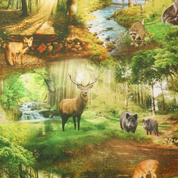 Feste Baumwolle Stoff Waldtiere realistischer Digitaldruck - Tiere im Wald