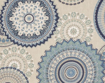 Tessuto misto cotone mandala blu su naturale - tessuto decorativo solido, tessuto tascabile, tessuto per tende
