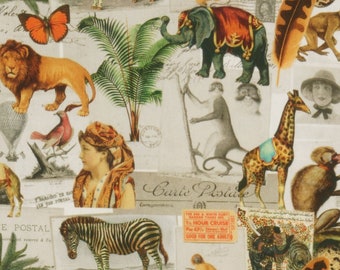 Fester Baumwolle Stoff Afrika Kolonialzeit retro vintage Elefant Löwe Giraffe Affe Zebra Dekostoff