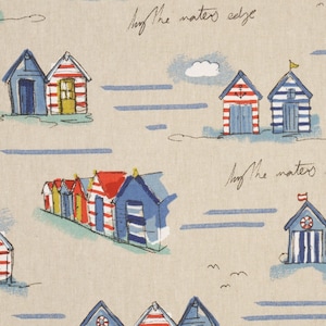 Cotton mix fabric beach houses maritime blue white red yellow on natural Emma image 1