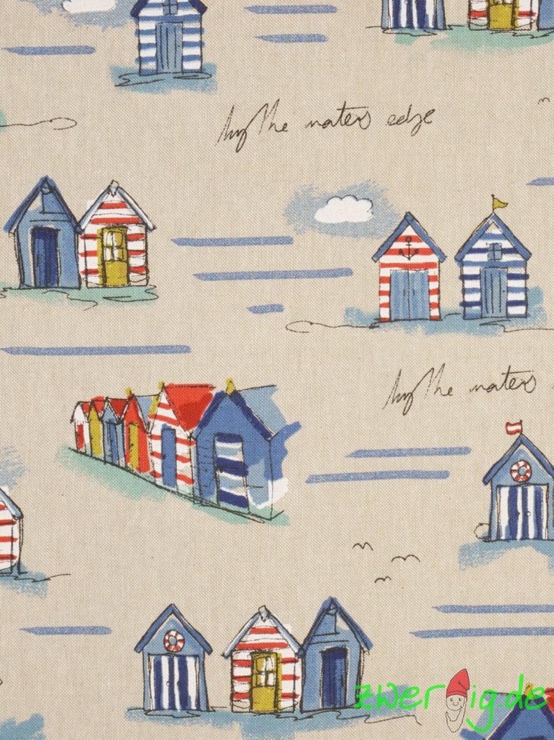 Cotton mix fabric beach houses maritime blue white red yellow on natural Emma image 1
