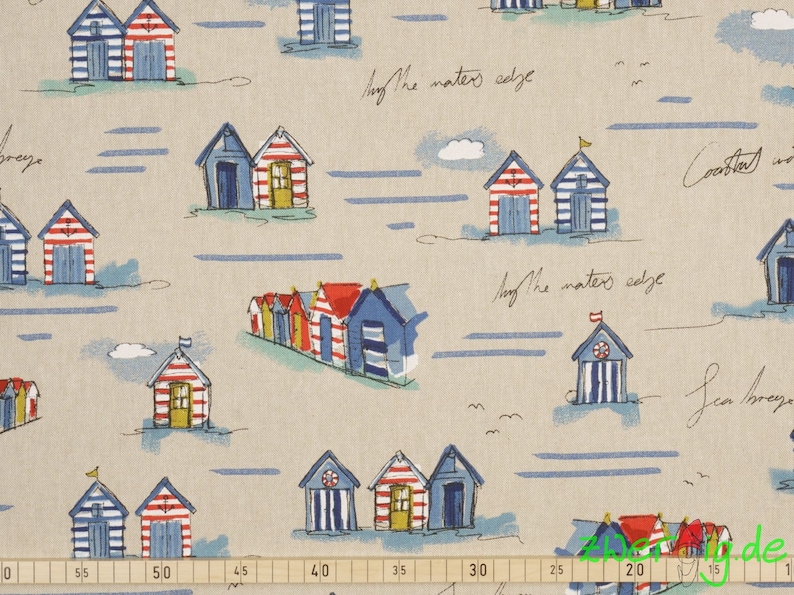 Cotton mix fabric beach houses maritime blue white red yellow on natural Emma image 3
