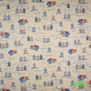 Cotton mix fabric beach houses maritime blue white red yellow on natural Emma image 2