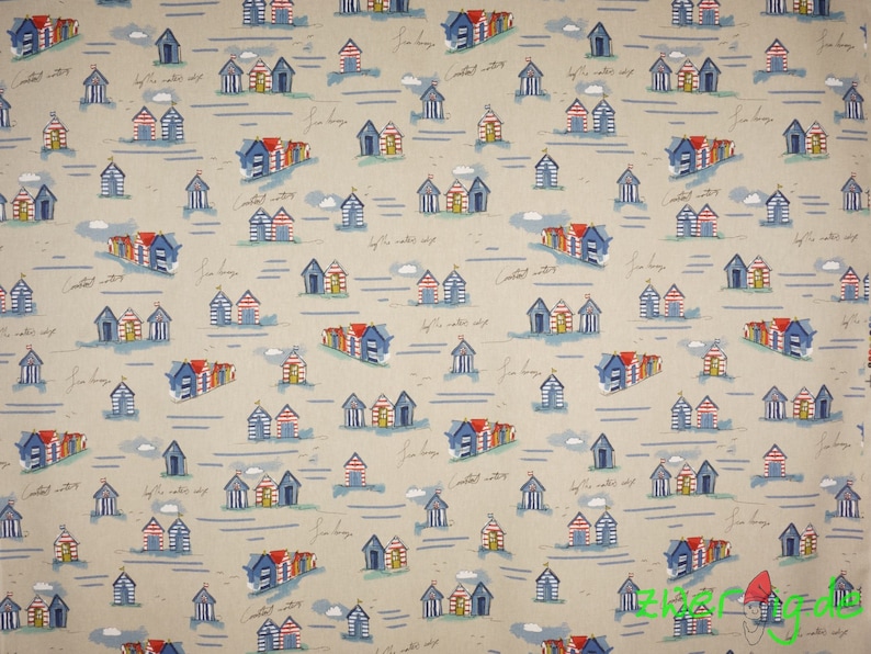 Cotton mix fabric beach houses maritime blue white red yellow on natural Emma image 2